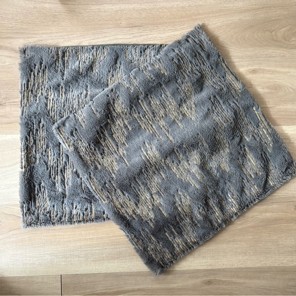 2 Gray Faux Fur & Gold Sequined Pillow Covers